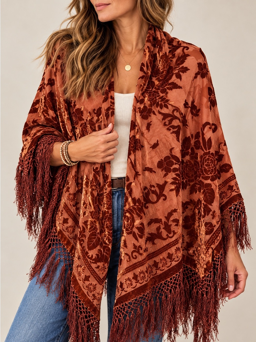Silk Velvet Floral Fringe Scarf / Shawl 42” x 44” — RN 88258